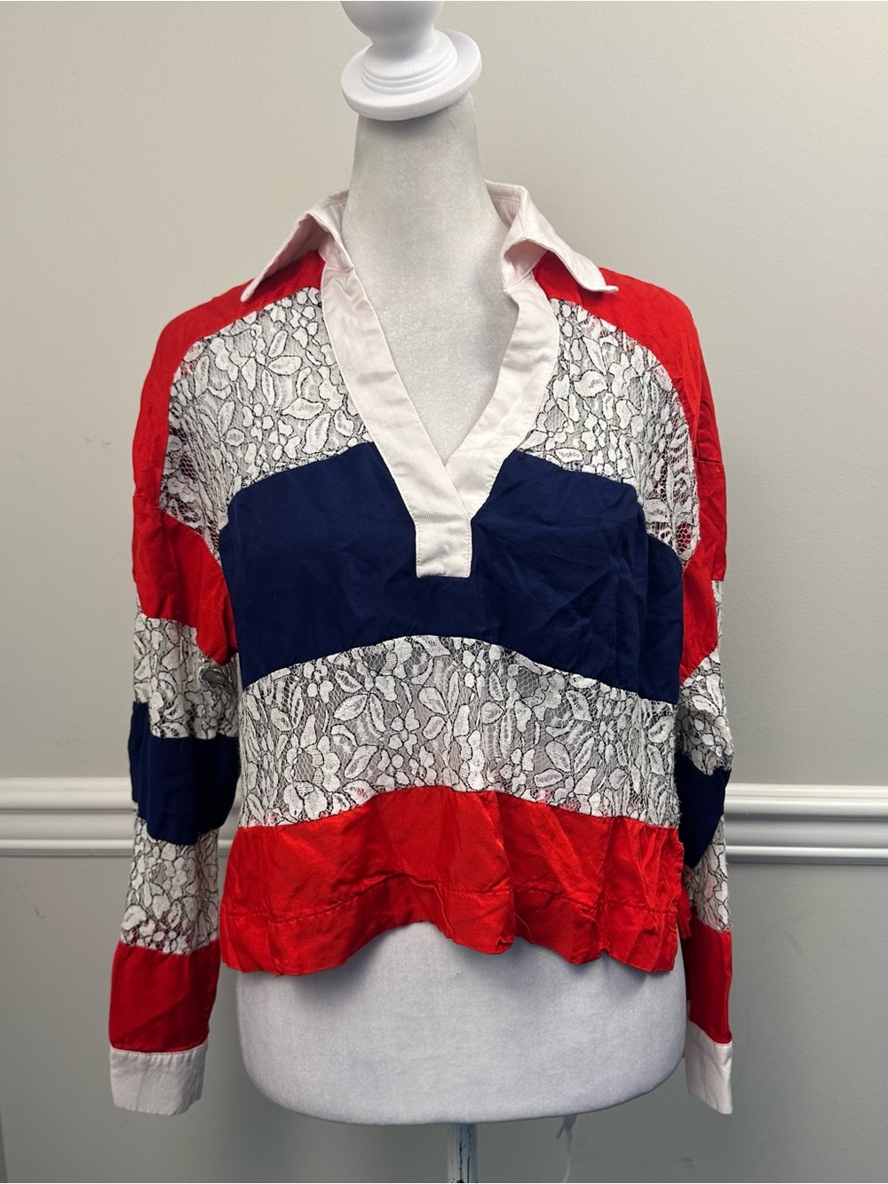 Maeve Red, Navy & White Lace-Stripe Pullover Blouse XS